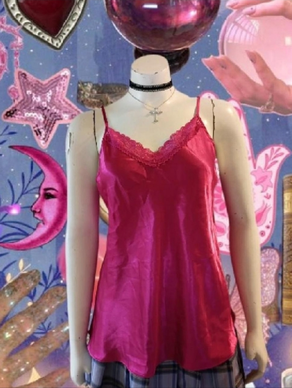 Y2K Flora Nikrooz Hot Pink Satin Cami W/ Lace Trim Sz L